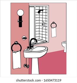 Vector of bathroom interior shower sink bath