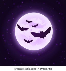 Vector bats with moon. Silhouettes bats on night sky. Dark purple image. Halloween illustration.