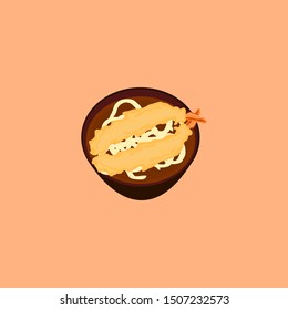 vector batter fried prawns or Tempura prawns on Udon noodle  in brown bowl with orange background looks yummy