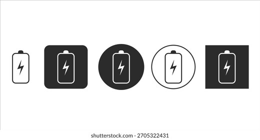 Vector battery charging status icon set | Black and white phone power indicator symbols | Electric energy logo collection for app design | Modern digital device battery charging lightning bolt graphic