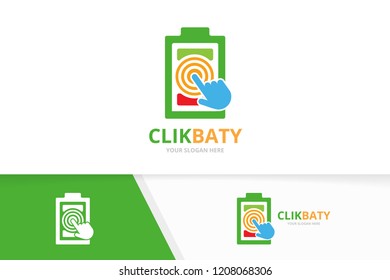 Vector battery and click logo combination. Energy and cursor symbol or icon. Unique accumulator and digital logotype design template.