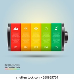 Vector battery element for infographic. Template for diagram, graph, presentation and chart. Business concept with 5 options, parts, steps or processes. Abstract background