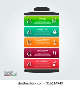 Vector battery element for infographic. Template for diagram, graph, presentation and chart. Business concept with 5 options, parts, steps or processes. Abstract background