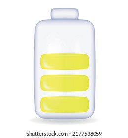 Vector battery, high yellow charge level. Glass 3d battery illustration on white background