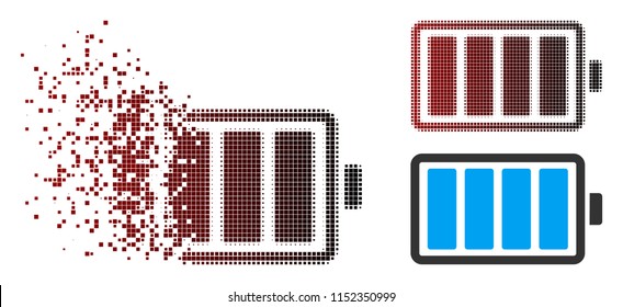 Vector battery icon in dissolved, dotted halftone and undamaged entire variants. Disappearing effect involves square particles and horizontal gradient from red to black.
