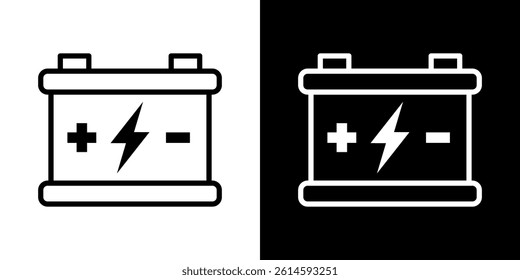 Vector battery icon with plus, minus, and lightning bolt symbols in black and white. Suitable for electricity, energy, charging, power systems, technology, electronics, electric cars,web design