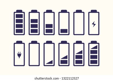 Vector battery icon set different level of charge for ui energy symbol mobile phone, battery charge signs. Car battery indicator. Accumulator battery, wireless charging energy icons. 10 eps