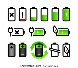 Vector battery icons set. Battery levels, recycling and natural energy icons on isolated white background.