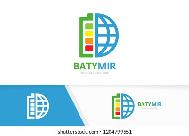 Vector battery and planet logo combination. Energy and world symbol or icon. Unique accumulator and globe logotype design template.