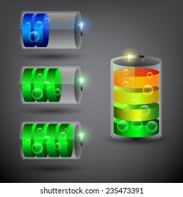 Vector battery set with different charge levels, on black background 