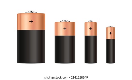 Vector battery set isolated, 3d charge power icon, realistic energy cylinder, gold electric object, aaa type charge supply