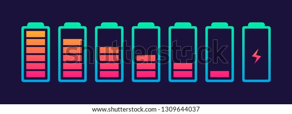 Vector battery symbol set different level of charge\
for ui energy symbol mobile phone, battery charge signs. Car\
battery indicator. Accumulator battery, wireless charging energy\
icons. 10 eps