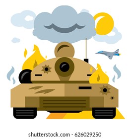 Vector Battle tank crash. Flat style colorful Cartoon illustration.