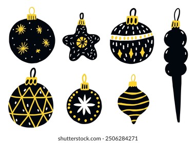 Vector baubles and balls, Christmas decor, black and yellow graphic set. Simple flat illustrations, modern minimalist hand drawing style.