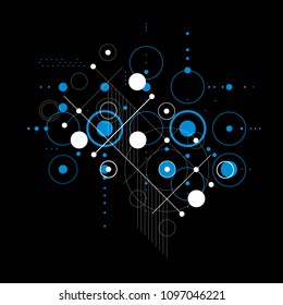 Vector Bauhaus abstract background made with grid and overlapping simple geometric elements, circles and lines. Retro style artwork, graphic template for advertising poster.