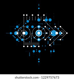 Vector Bauhaus abstract background made with grid and overlapping simple geometric elements, circles and lines. Retro style artwork, graphic template for advertising poster.