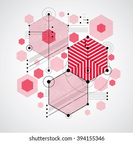 Vector Bauhaus fondo abstracto hecho con rejilla y solapado elementos geométricos simples, círculos y peines a rayas. Obra de arte retro, plantilla gráfica de estilo tecnológico para afiches publicitarios.