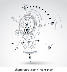 Vector Bauhaus abstract background made with grid and overlapping simple geometric elements, circles. 3d retro artwork, technology style monochrome graphic template for advertising poster.