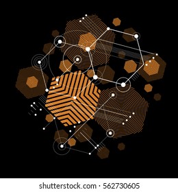 Vector Bauhaus abstract background made with grid and overlapping simple geometric elements, circles and striped honeycombs. Retro artwork, technology style graphic template for advertising poster.