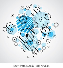 Vector Bauhaus abstract background made with grid and overlapping simple geometric elements, circles and striped honeycombs. Retro artwork, technology style graphic template for advertising poster.