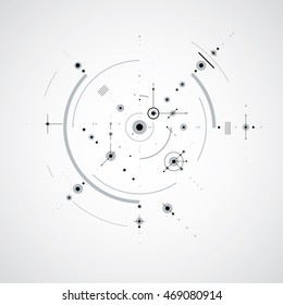 Vector Bauhaus abstract black and white background made with grid and overlapping simple geometric elements, circles. Retro artwork, technology style graphic template for advertising poster.