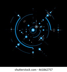 Vector Bauhaus abstract blue background made with grid and overlapping simple geometric elements, circles. Retro artwork, technology style graphic template for advertising poster.
