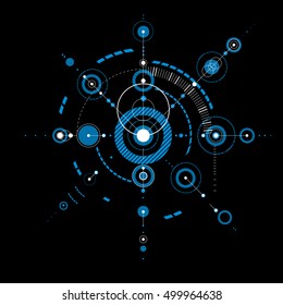 Vector Bauhaus fondo azul abstracto hecho con rejilla y superposición de Elementos geométricos simples, círculos. Obra de arte retro, Plantilla gráfica del estilo de la tecnología para el cartel publicitario.