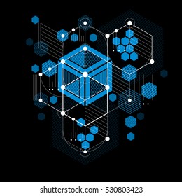 Vector Bauhaus abstract blue background made with grid and overlapping geometric elements, circles and striped honeycombs. Retro artwork, technology style graphic template for advertising poster.