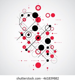Vector Bauhaus abstract red background made with grid and overlapping simple geometric elements, circles and lines. Retro style artwork, graphic template for advertising poster.
