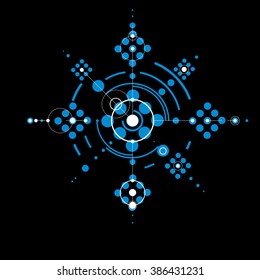 Vector Bauhaus blue abstract background made with grid and overlapping simple geometric elements, circles and lines. Retro style artwork, graphic template for advertising poster.
