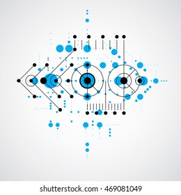 Vector Bauhaus blue abstract background made with grid and overlapping simple geometric elements, circles and lines. Retro style artwork, graphic template for advertising poster.