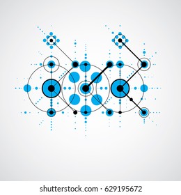 Vector Bauhaus blue abstract background made with grid and overlapping simple geometric elements, circles and lines. Retro style artwork, graphic template for advertising poster.