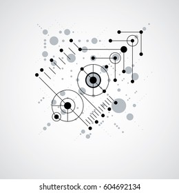 Vector Bauhaus monochrome abstract background made with grid and overlapping simple geometric elements, circles and lines. Retro style artwork, graphic template for advertising poster.