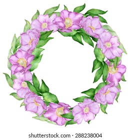 Vector bay leaves watercolor wreath with pink brier rose flowers. Template for wedding invitation and save the date cards.