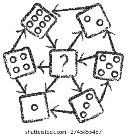 Vector Bayesian network icon with dice and question mark representing probability. Dark brown charcoal sketch on transparent background. Concept for machine learning uncertainty and risk analysis