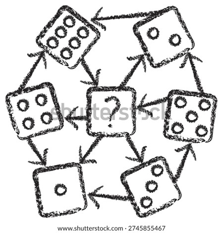 Vector Bayesian network icon with dice and question mark representing probability. Dark brown charcoal sketch on transparent background. Concept for machine learning uncertainty and risk analysis