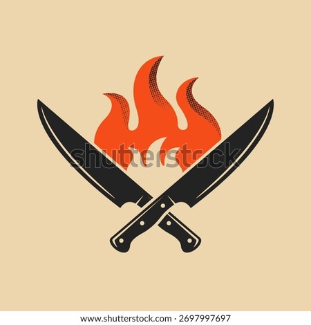 Vector BBQ logo. Crossed knives with fire icons. 