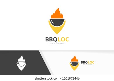 Vector bbq and map pointer logo combination. Grill and gps locator symbol or icon. Unique barbecue and pin logotype design template.