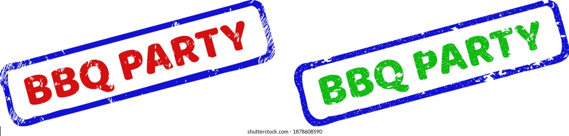 Vector BBQ PARTY framed watermarks with corroded texture. Rough bicolor rectangle seals. Red, blue, green colors used. Flat textured seals with BBQ PARTY text inside rough rectangle frame.
