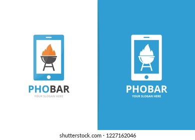Vector bbq and phone logo combination. Grill and mobile symbol or icon. Unique barbecue and device logotype design template.