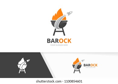 Vector bbq and rocket logo combination. Grill and airplane symbol or icon. Unique barbecue and flight logotype design template.