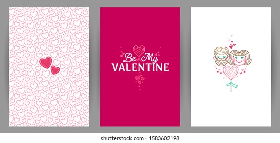 Vector Be My Valentine card set. Pink heads in love couple. Illustration on white background. Valentines happy man and woman. Stylized  icons, elements, hearts for greeting cards on Valentine's Day