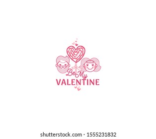 Vector Be My Valentine image. Pink head in love couple. Isolated on white background. Valentines happy man and woman. Stylized  icons, elements, hearts, illustration for greetings on Valentine 's Day