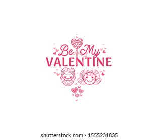 Vector Be My Valentine image. Pink head in love couple. Isolated on white background. Valentines happy man and woman. Stylized  icons, elements, hearts, illustration for greetings on Valentine 's Day