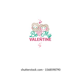 Vector Be My Valentine image. Colorful symbol in love couple. Isolated on white background. Valentines happy man and woman. Icons, elements, hearts, illustration for greetings on Valentine's Day.