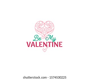 Vector Be My Valentine image. Colorful lettering for happy day of all lovers. Isolated on white background. Ornate element, ornamental heart, illustration, icon, text for greetings on Valentine's Day