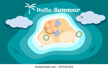 Vector of beach activity concept on the top view, Hello and welcome summer season