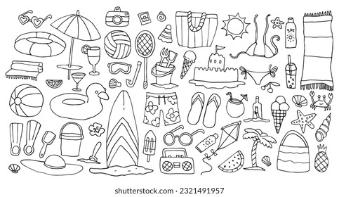 Conjunto de doodles de actividades de la playa vectorial, aislado en blanco, página de libros de colorido de esquema, colección de accesorios de vacaciones de verano