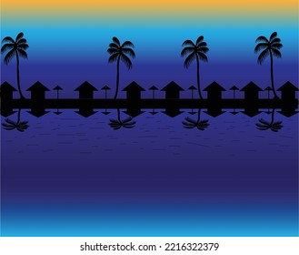 vector beach atmosphere in the late afternoon with gazebo and coconut trees