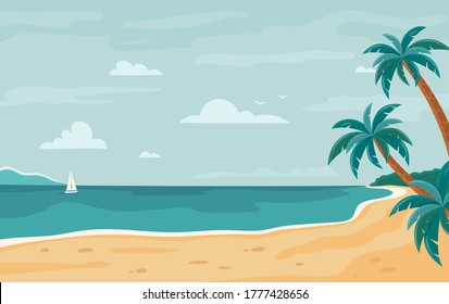 Vector beach background. Tropical seashore with palm trees and yacht. Horizontal background. Summer beach. Paradise nature vacation, ocean or sea seashore. Seaside landscape, tropical beach relax 